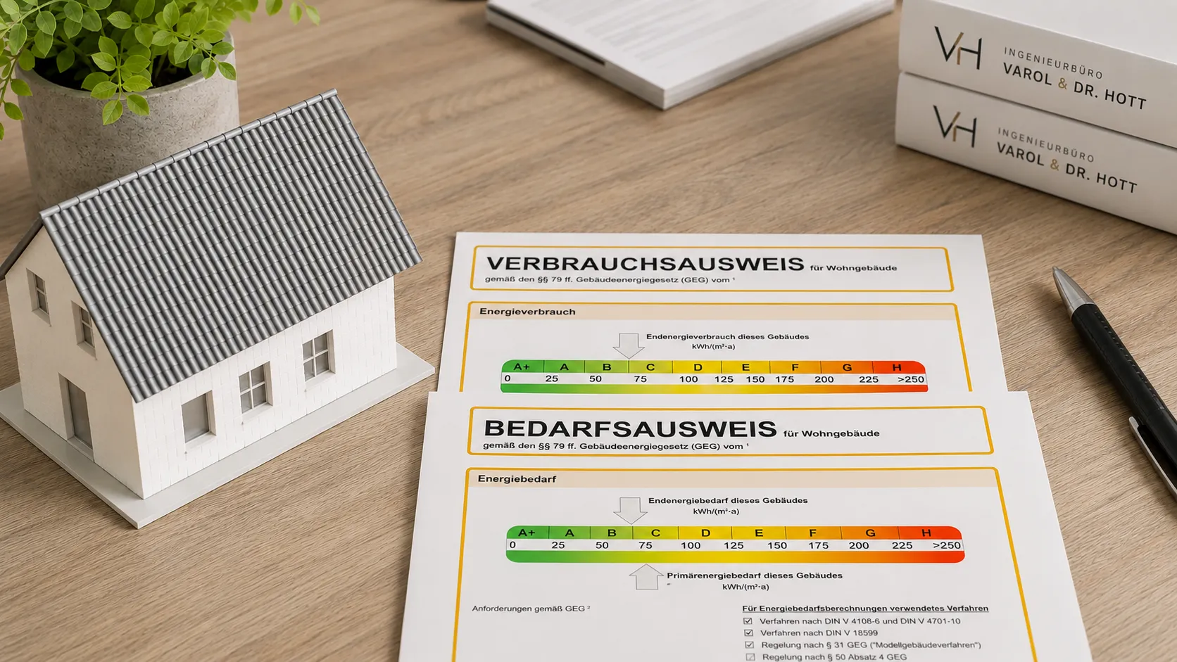 Ein Verbrauchsausweis und ein Bedarfsausweis für Wohngebäude liegen nebeneinander auf einem Schreibtisch, daneben das Modell eines Einfamilienhauses